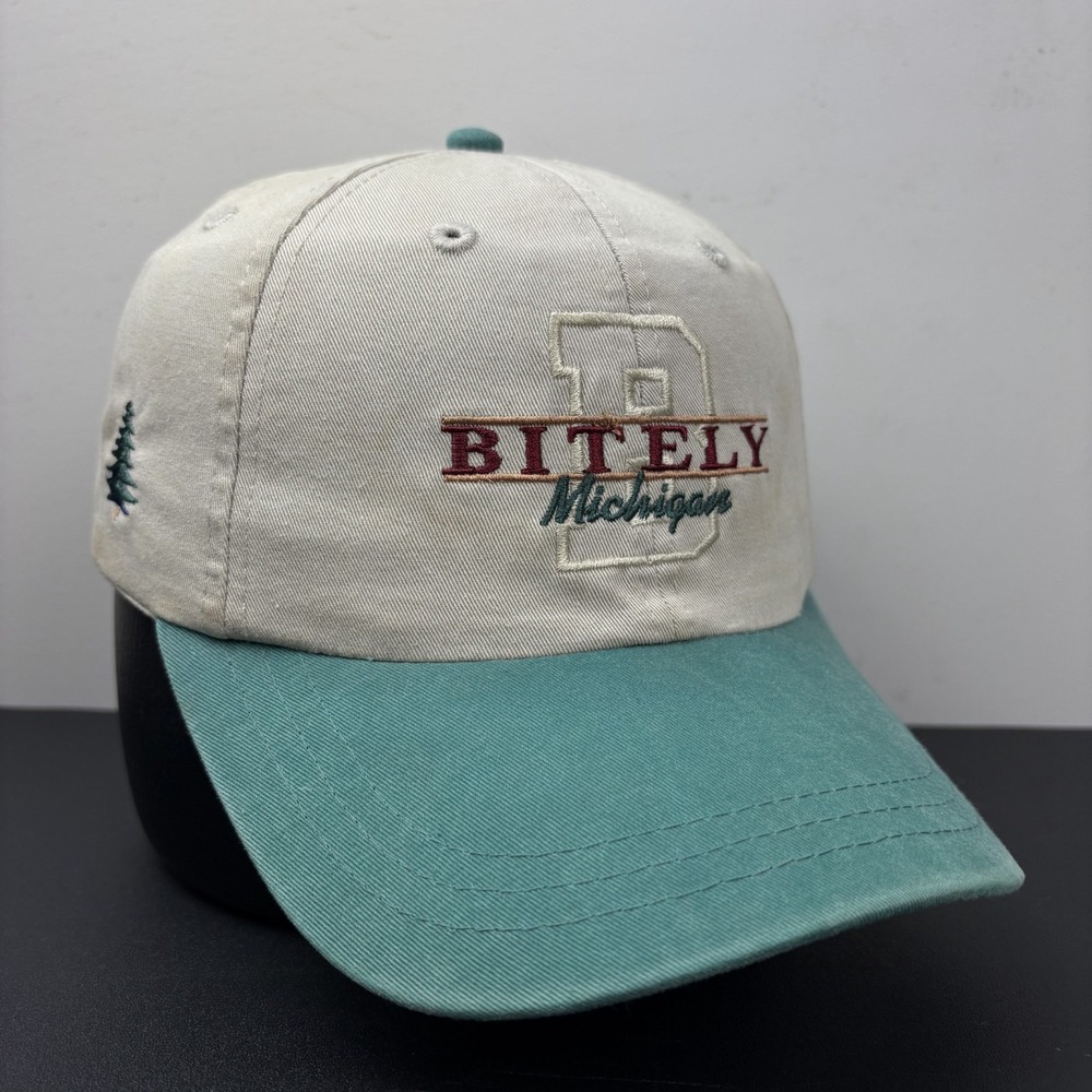 Vintage Bitely Michigan Strapback Hat Beige Teal Green Pine Tree Souvenir Cap